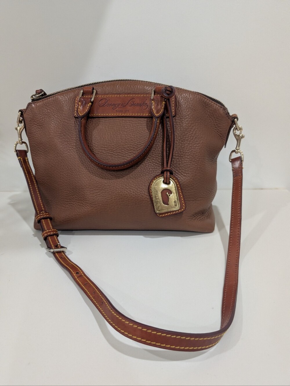 Dooney & Bourke Brown Pebbled Leather Shoulder Bag with Brass Logo Tag